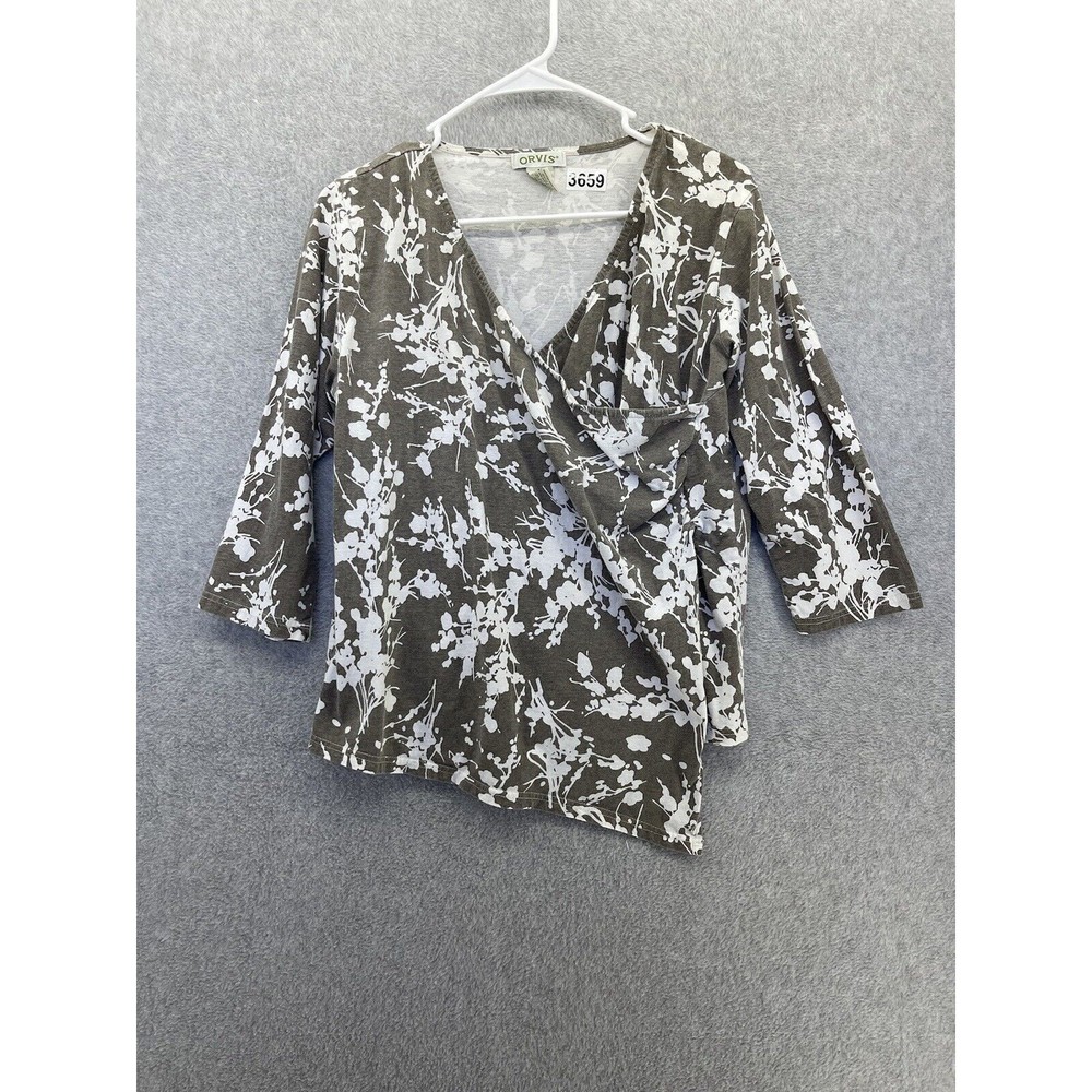 Orvis Women's Blouse Surplice Brown White Floral 3/4 Sleeve Medium Cotton
